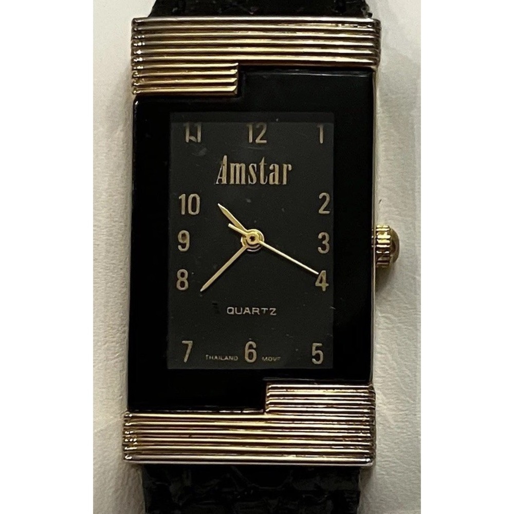 Amstar VTG Gold Tone Watch Face Black Leather Embossed Band Art Deco Retro Works